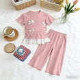 thumbnail image 5 of SGFCWSX Girls 2 Piece Outfits Bow Lace Hem Short Sleeve Tops Wide Leg Capri Pants Summer Casual Clothes Set Pink Size 8, 5 of 10