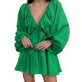 Deep V Neck Balloon Sleeve Dress Women Summer Autumn Long Sleeve Party