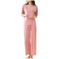 thumbnail image 4 of Women's 2-Piece Set Solid Color Casual Short Sleeve Pullover Top & Wide Leg Pants Lounge Set | Hontri | Womens 2 Piece Outfits Summer Casual Loose Short Sleeve Pullover Tops (Pink | 4XL), 4 of 6