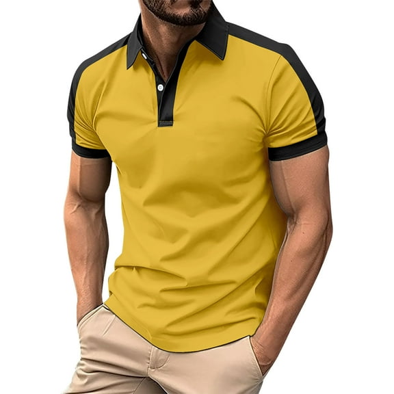 Huresd Men's Short Sleeve Polo Shirts Casual Slim Fit Fashion Cotton Shirt Gold M