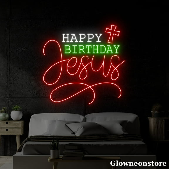 Glowneon Happy Birthday Jesus Neon Sign, Happy Birthday Led Sign, Cross Neon Light, Christmas Décor