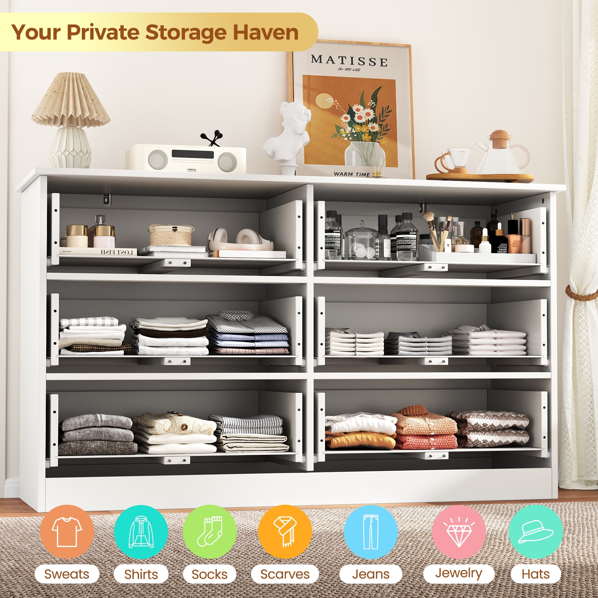 NEGYLIM 6-Drawer White Dresser, 47-inch Wide Chest for Bedroom Storage, Farmhouse Style with Anti-Tip Safety
