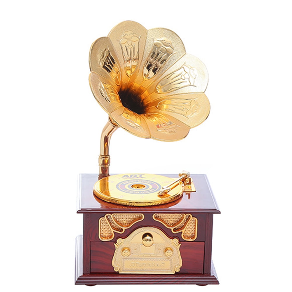 Wood Gramophone Clockwork Music Box Wind Up Musical Box Happy Birthday Tune 