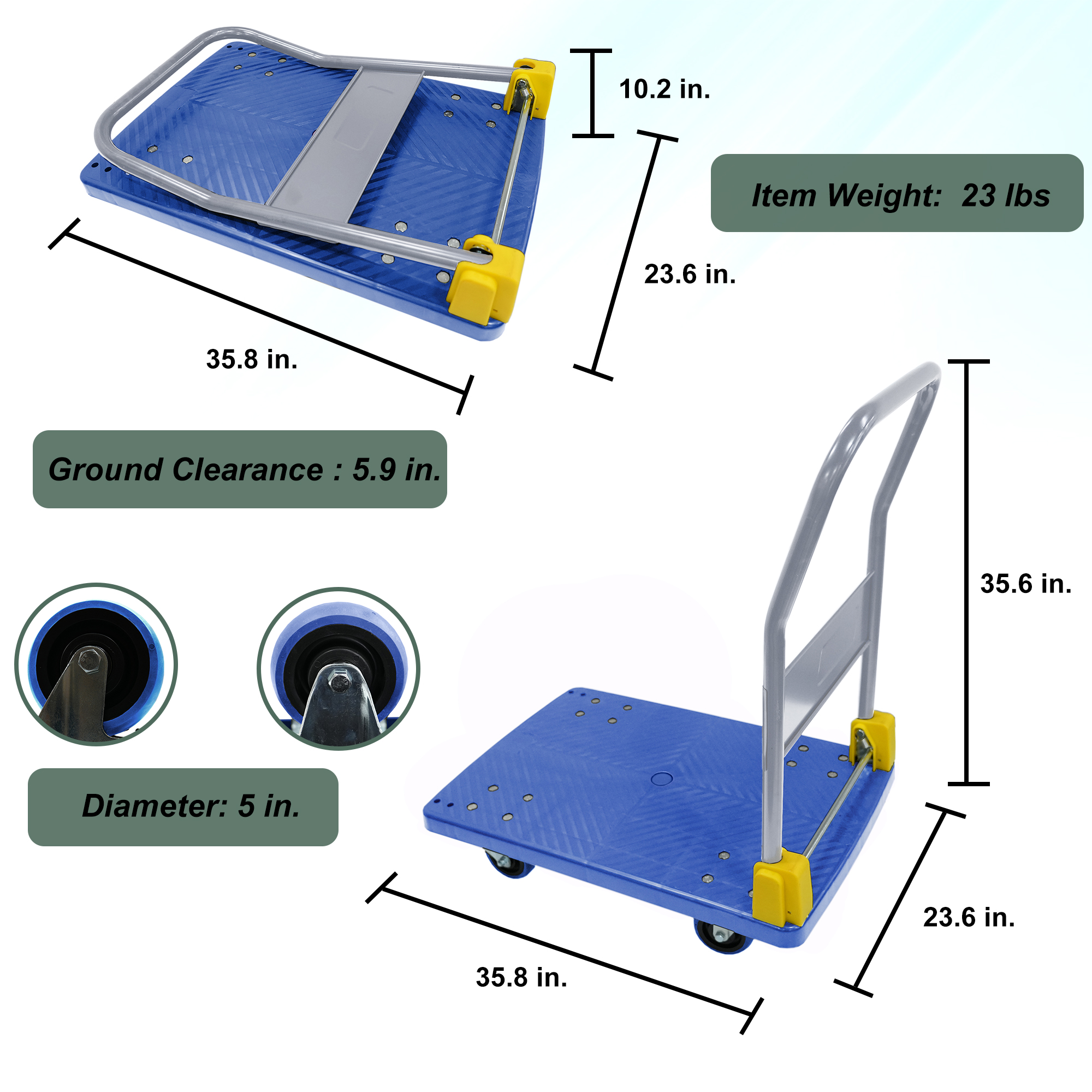 Hand Truck, 880 lbs, Foldable, Swivel Brake Wheels, Push Handle