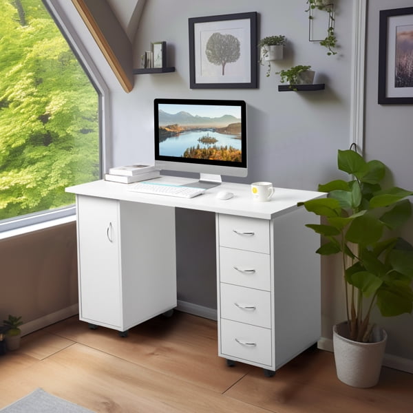 White Double Edged Manicure Nail Table with Drawer & Wrist Rest - E1 MDF, for Beauty Salons & Spas