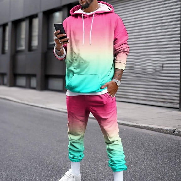 jsaierl Men's Tracksuit 2 Piece Long Sleeve Hoodie Sweatsuit Sets Casual Gradient Print Jogging Athletic Suits with Pocket