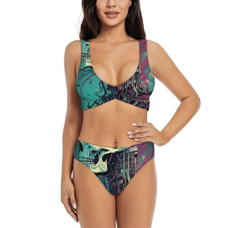 Zeuib Cartoon Art Skull High Waisted Tummy Control Bikini Set - Knot Front Push Up Top & Cheeky Thong Bottom  Two-Piece Swimsuit for Women-X-Large