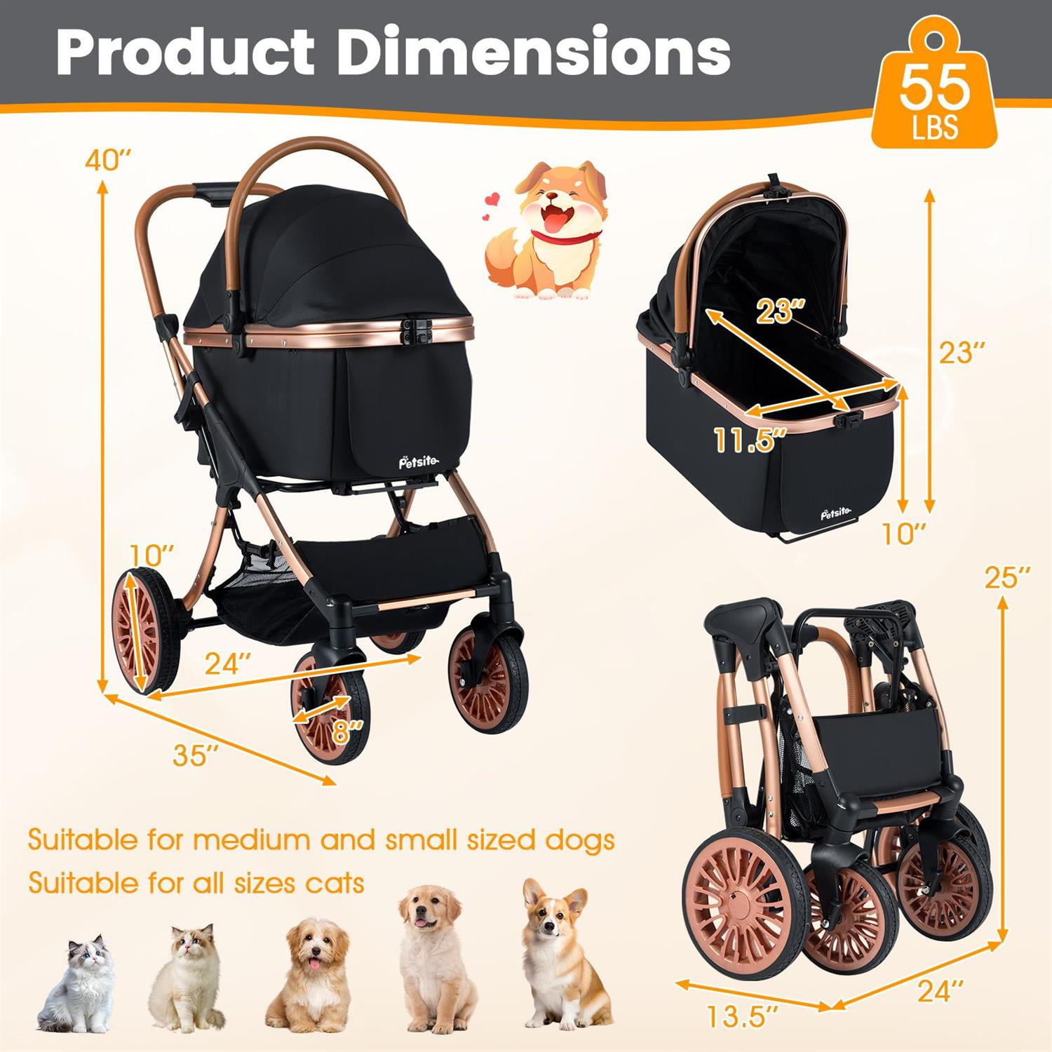 Pefilos 3-in-1 Foldable Pet Stroller, Sun Shade & Safety Belt, For 55lbs Pets & Storage Basket, Black