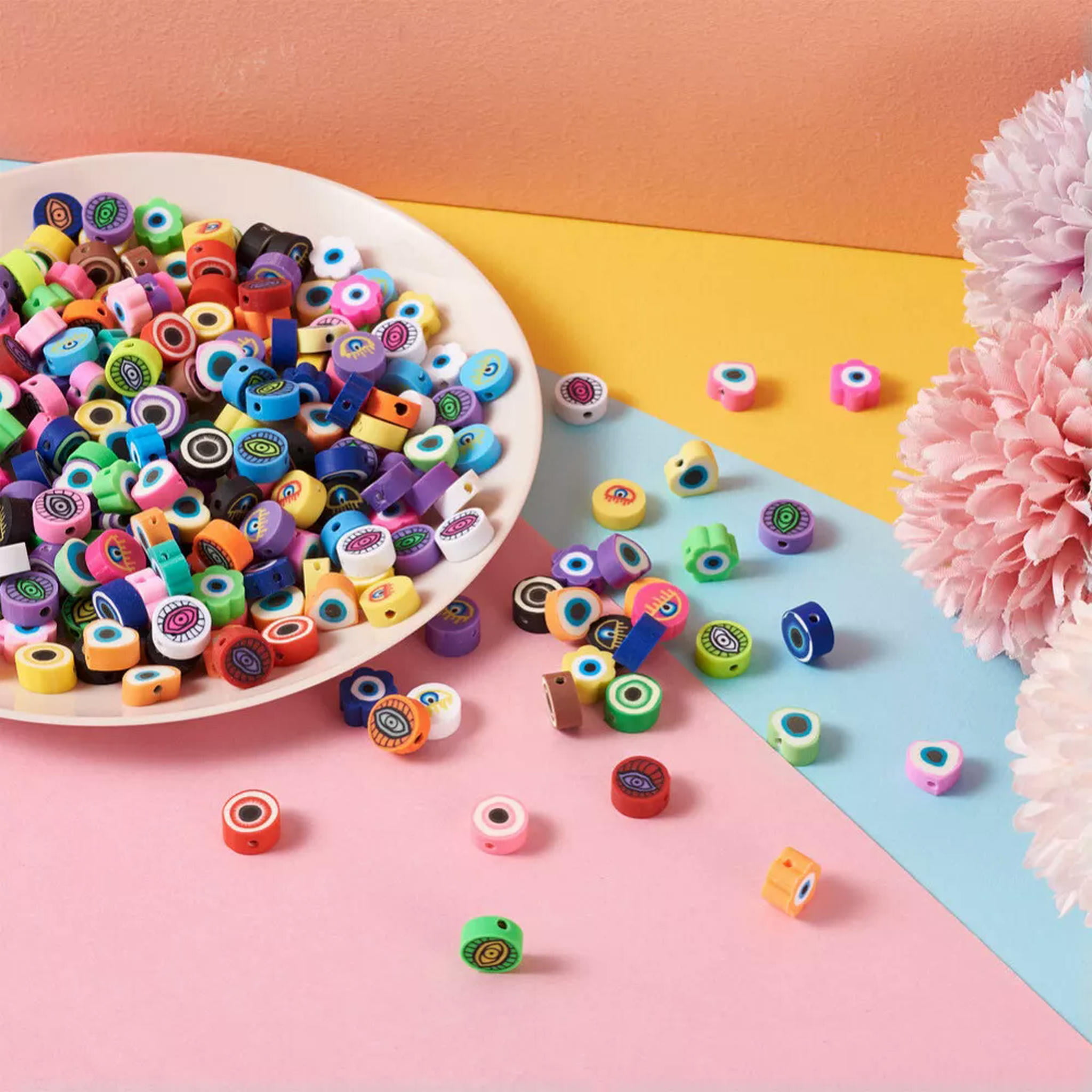 U8MO 250Pcs Flat Round Flower Heart with Evil Eye Handmade Polymer Clay Beads 8~10mm