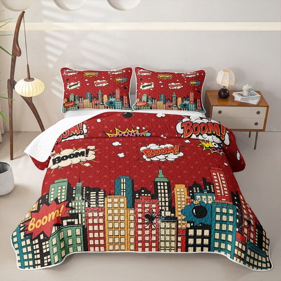 Erosebridal Comic Boom City Spider Print Twin Quilt Set for Boys Girl, Red Cartoon Halloween Town Twin Coverlet Set, 2pcs