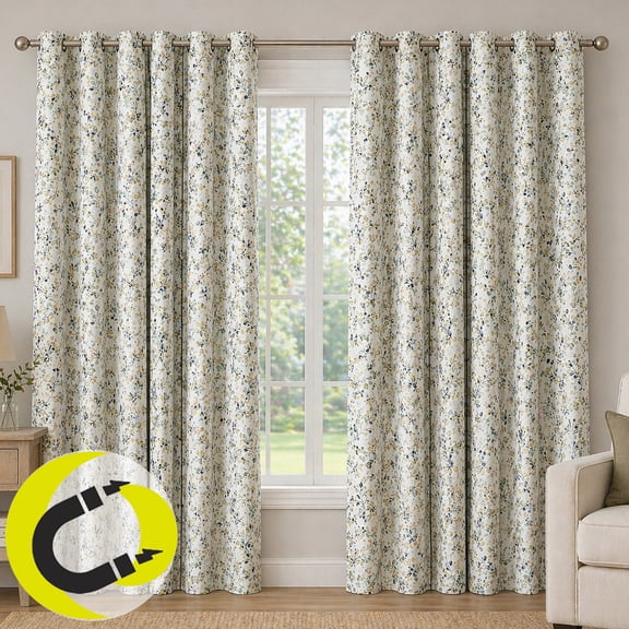 Sun Zero Quincy 2-pack Painted Botanical Magnetic Closure 100% Blackout Grommet Curtain Panel Pair, 40"W x 84"L, Blue