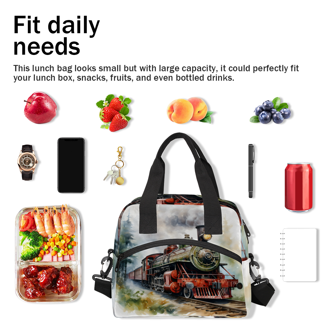 Herdesigns Retro Steam Train Insulated Lunch Bag for Women Men Adults Large Reusable Lunch Box Vintage Old Train Leakproof Cooler Tote Bags with Adjustable Shoulder Strap