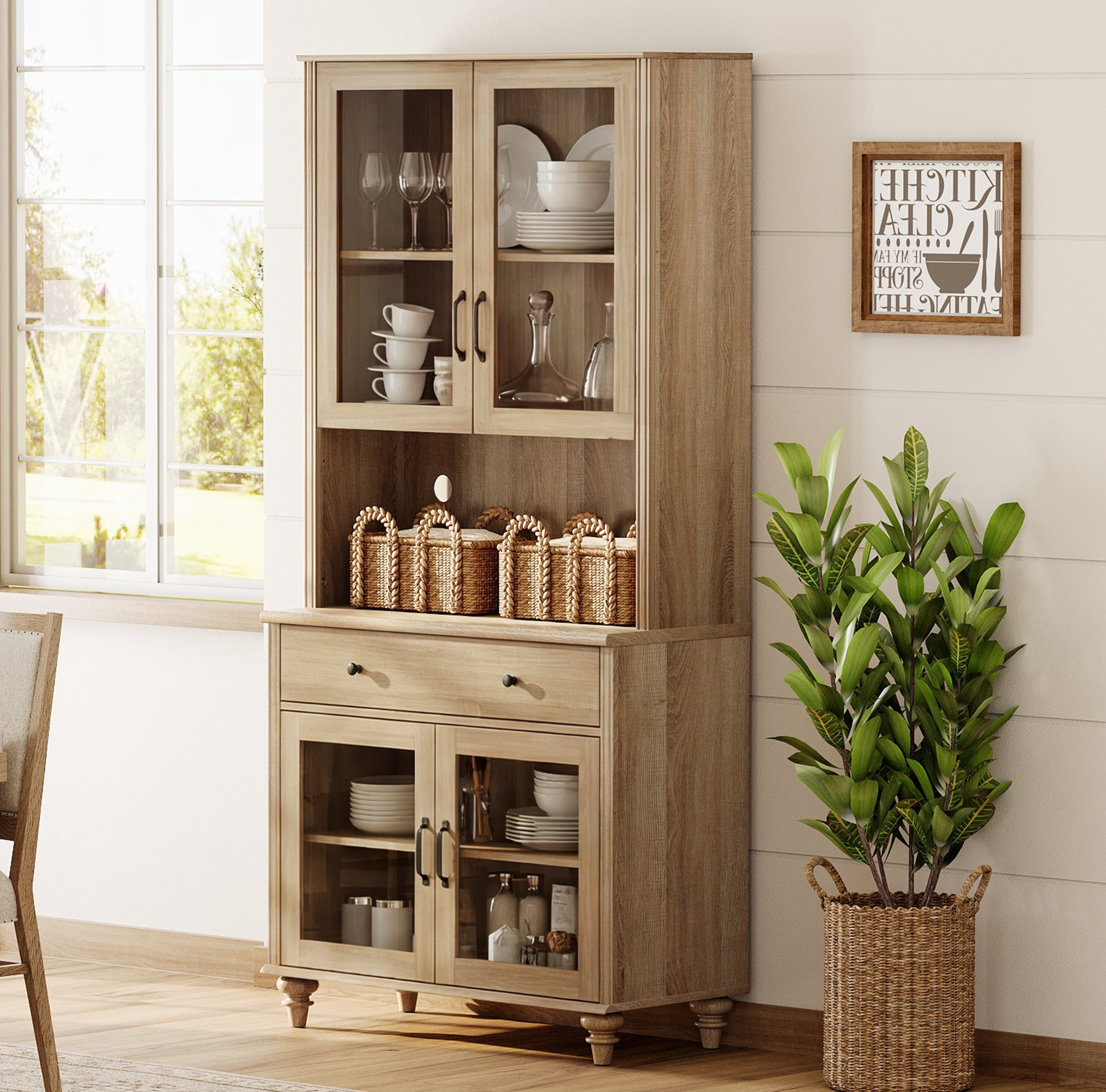 72"H X 33.9"W 5-Tier Farmhouse Display Bookcase with Glass Doors, Storage Cabinet & Wood Drawer, Wooden Bookshelf for Living Room, Office, Kitchen, Oak