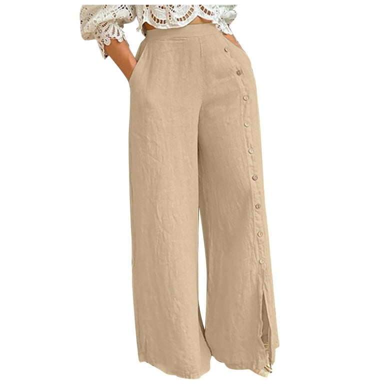 YYDGH Women's Button Side Wide Leg Palazzo Pants High Waisted Split Hem  Loose Casual Trousers Khaki M