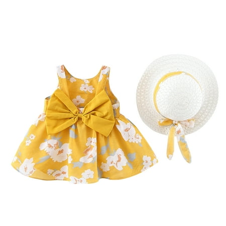 

Toddler Baby Girls Summer Princess Dresses Vacation Beach Sleeveless Hat Set Ruffles Bow Floral Dress 0-3Y