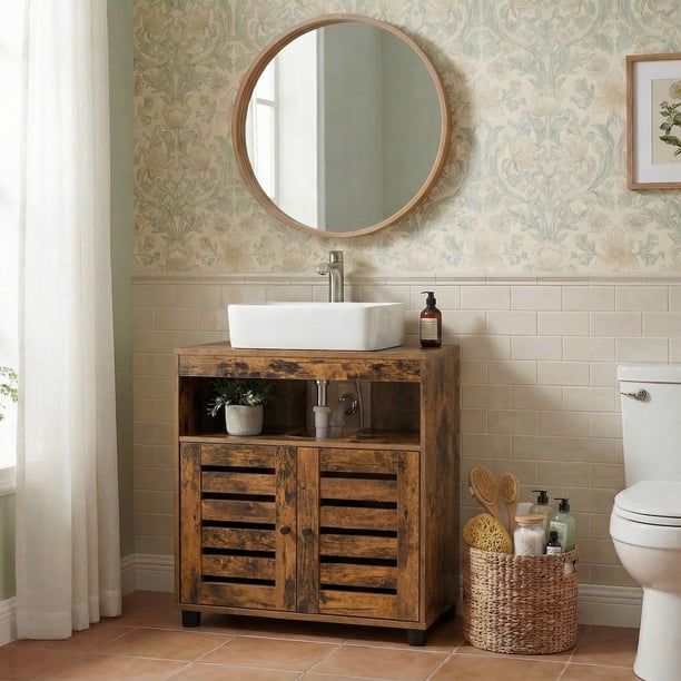 VASAGLE Mueble de Lavabo, Mueble de Baño, Armario de Almacenamiento, 30 x 60 x 64 cm, Apto para Lavabos sin Pedestal, con 2 Puertas de Persiana, Tablero Ajustable, Marrón Rústico