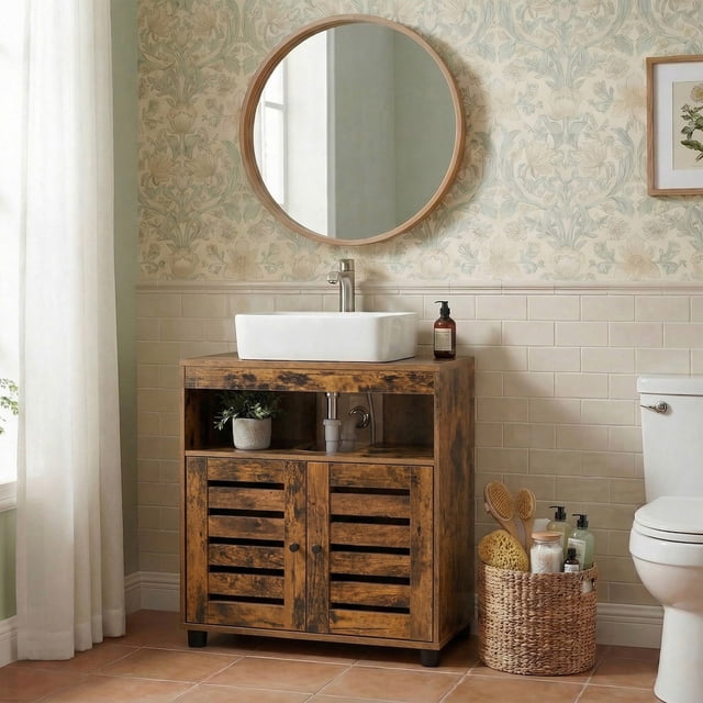 VASAGLE Mueble de Lavabo, Mueble de Baño, Armario de Almacenamiento, 30 x 60 x 64 cm, Apto para Lavabos sin Pedestal, con 2 Puertas de Persiana, Tablero Ajustable, Marrón Rústico