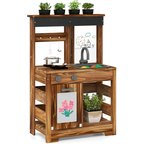 OLAKIDS Mud Kitchen, Outdoor Play Kitchen with Drawing Board, 4 Cups, Removable Sink, Storage, Cooking Accessories, Wooden Kids Kitchen Playset Gift for Boys Girls Ages 3+