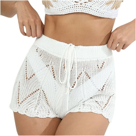 gakvbuo Swim Board Shorts For Women High Waisted Bikini Shorts Quick Dry Drawstring Beach Sheer Hollow Out Crochet Shorts Bathing Cover Up Beachwear