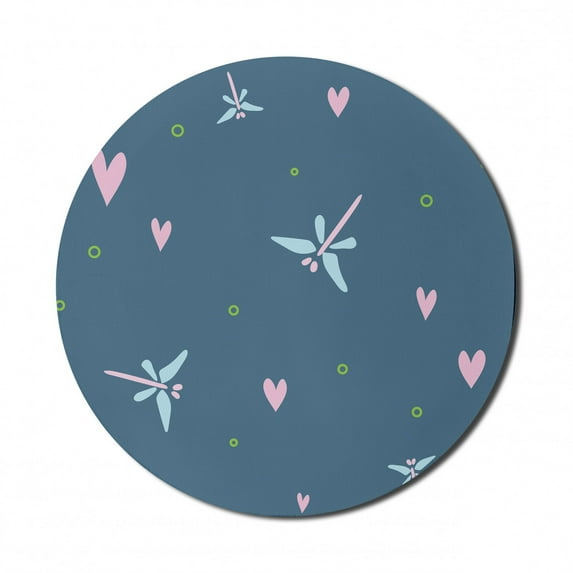 Dragonfly Mouse Pad for Computers, Minimalist Childish Cartoon with Pink Hearts and Green Circles Print, Round Non-Slip Thick Rubber Modern Mousepad, 8" Round, Slate Blue Multicolor, by Ambesonne
