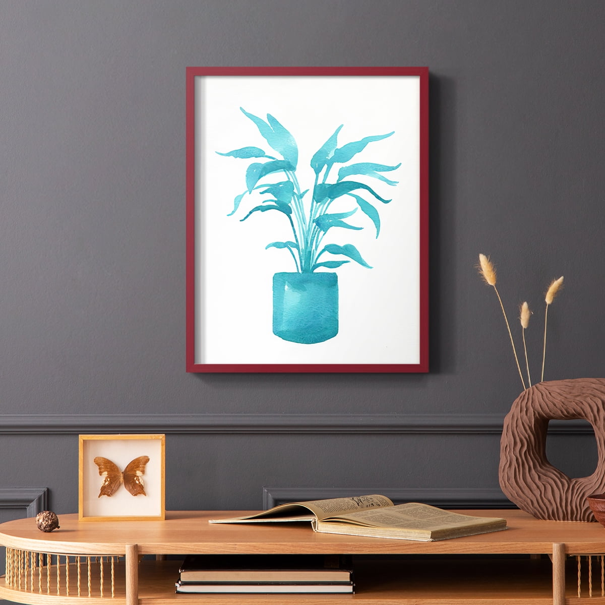 Watercolor House Plant IV Framed Print in Red Solid Wood 11 x 14 Framed Print