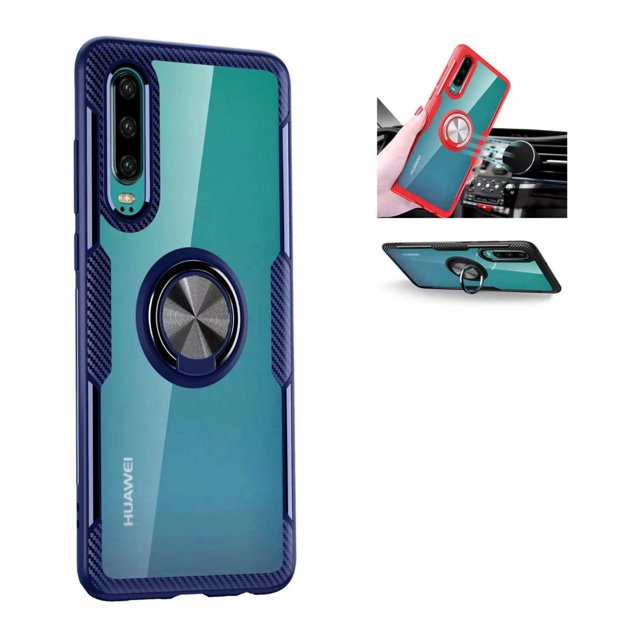 Silicone Shockproof TPU+PC,Transparent Tampering Protection Cover,360° Rotating Metal Ring Kickstand for Huawei P30
