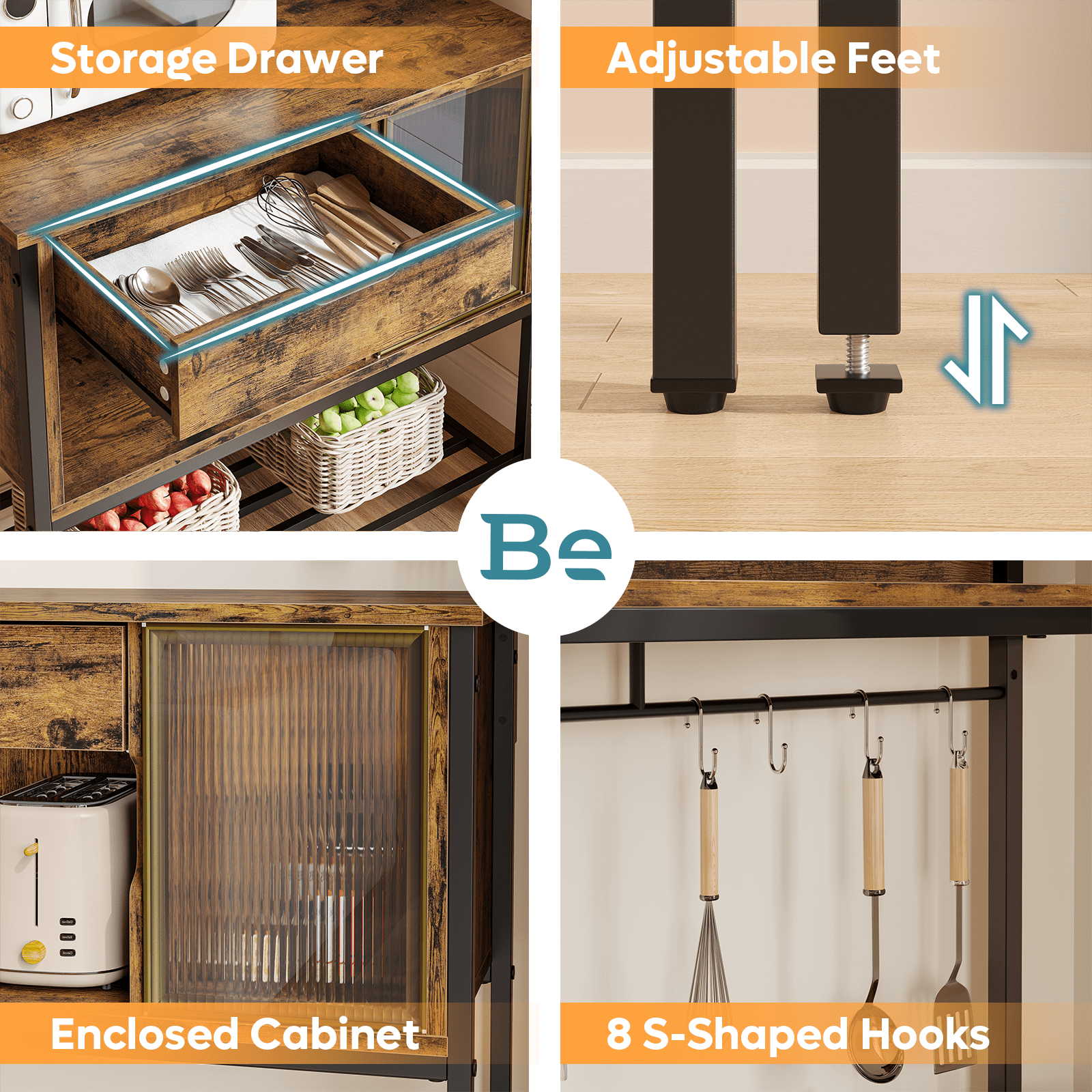 Besiter 60" Kitchen Baker's Rack with LED Light 6-Tier Microwave Stand with Storage Drawer Cabinet & 8 Hooks, Rustic