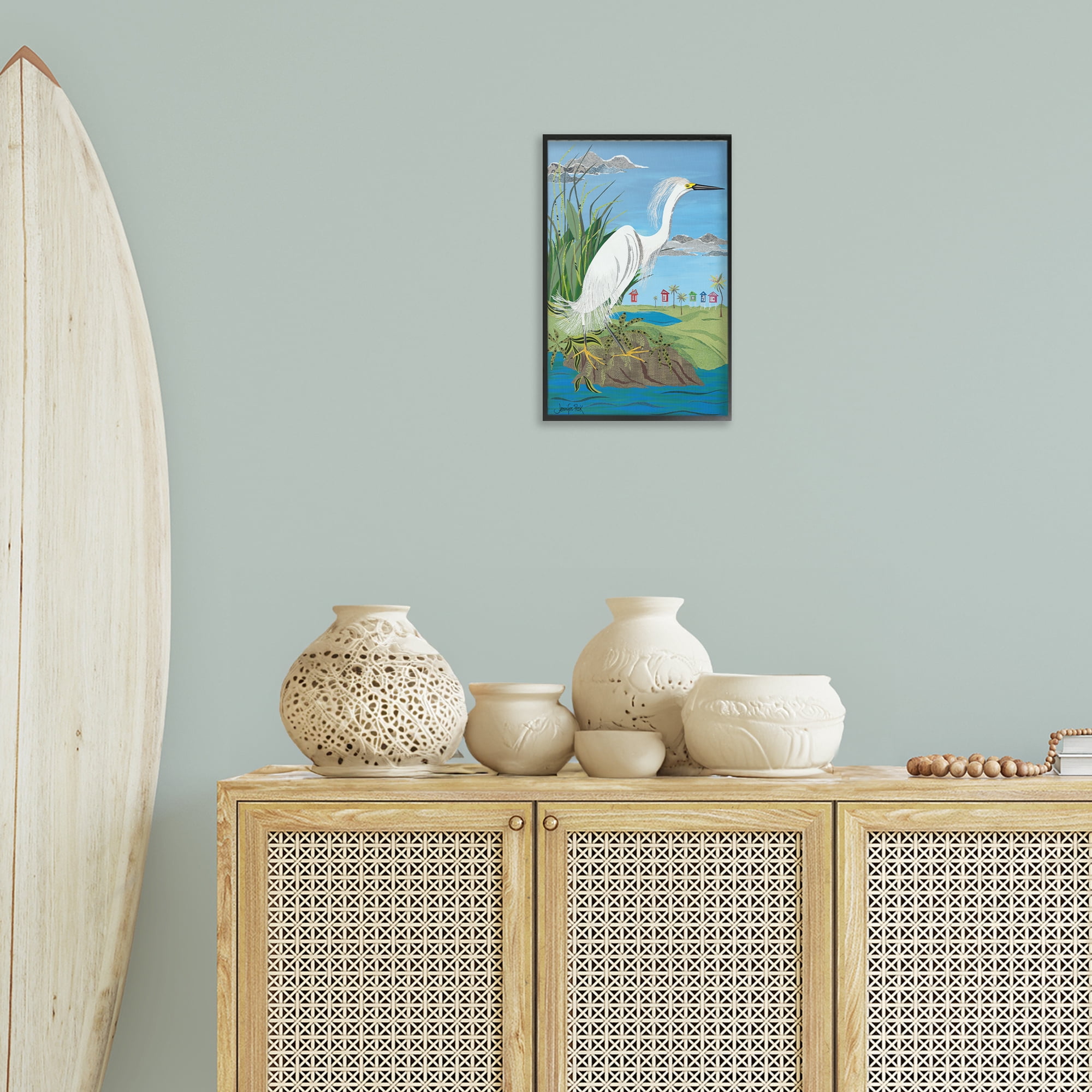 Stupell Industries Egret Perched on Shore Animals & Insects Painting Black Framed Art Print Wall Art, 12 x 18