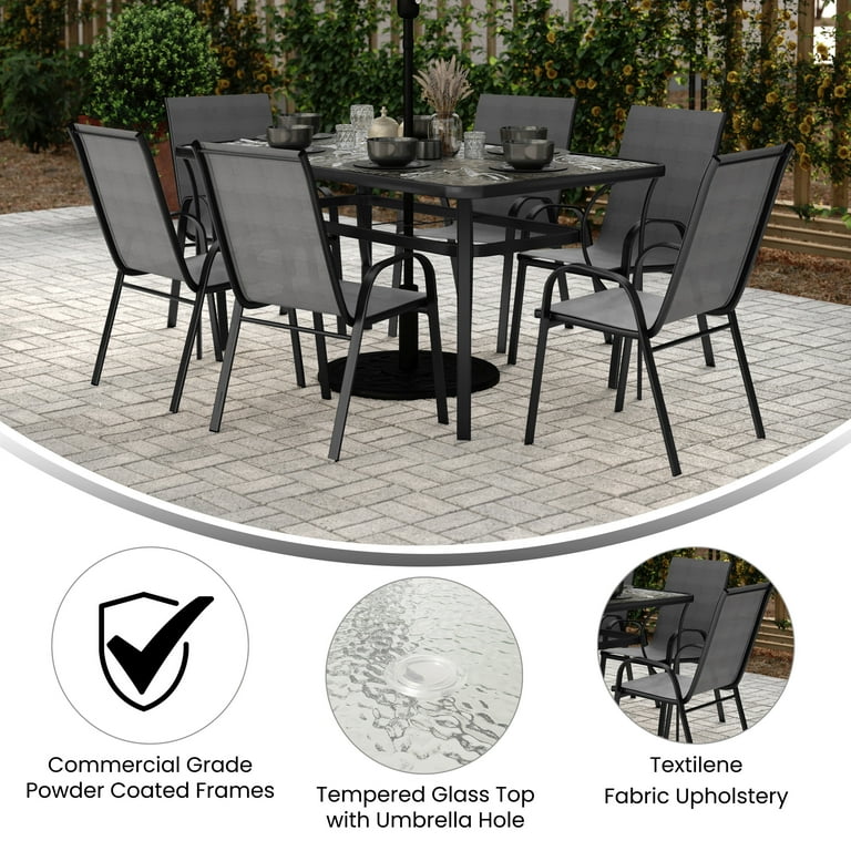Bizchair Glass Table Outdoor Dining Table With Umbrella Hole And