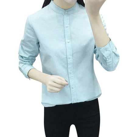 Casual Solid Stand Collar - Women Casual Solid Color Stand Collar Cotton Shirt Office Lady Career Blouse