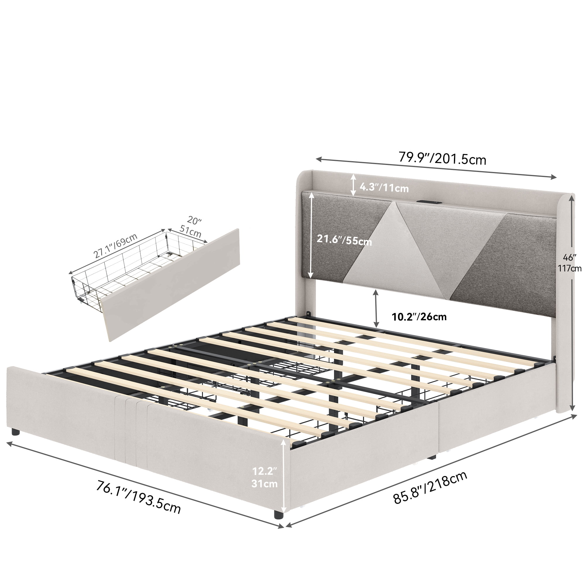 Dextrus King Size Bed Frame with Integrated USB Ports, No Box Spring Required,Grey
