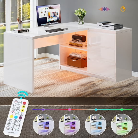 Fnova 55" L-Shaped Large Executive Desk with LED Lights & 3 Drawers, Modern Gloss Home Office Computer Desk 2 Storage Shelves, White