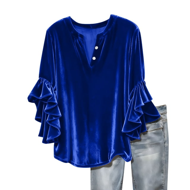 cfhntfmh Women Velvet Tops Ruffle 3/4 Sleeve V Neck Blouse Spring Trendy Pullover Top Evening Party Tunic Velvet Shirts