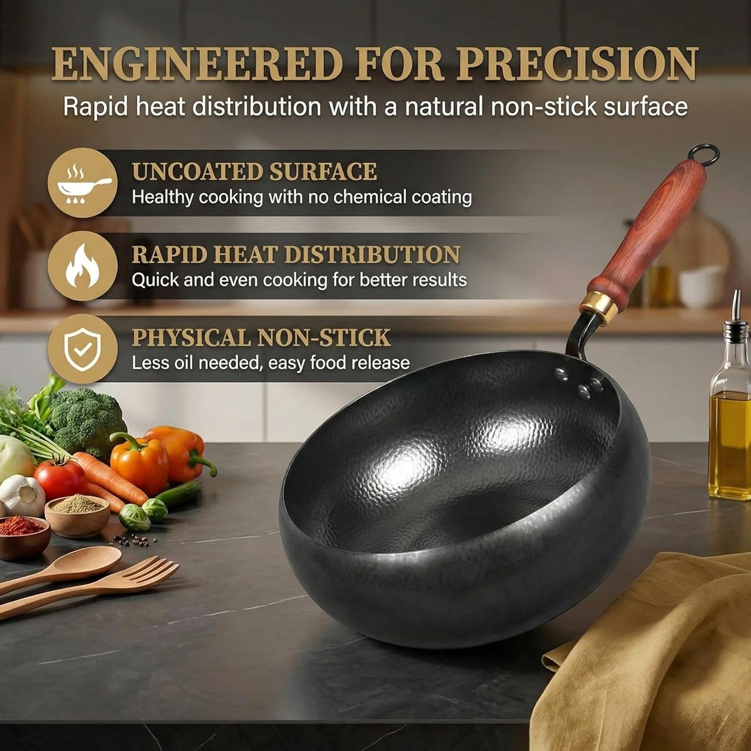 Japanese Cast Iron Wok with Lid, Uncoated Carbon Steel Stir Fry Pan, Flat Bottom Nonstick Iron Pot for Induction, Electric and Gas Stoves