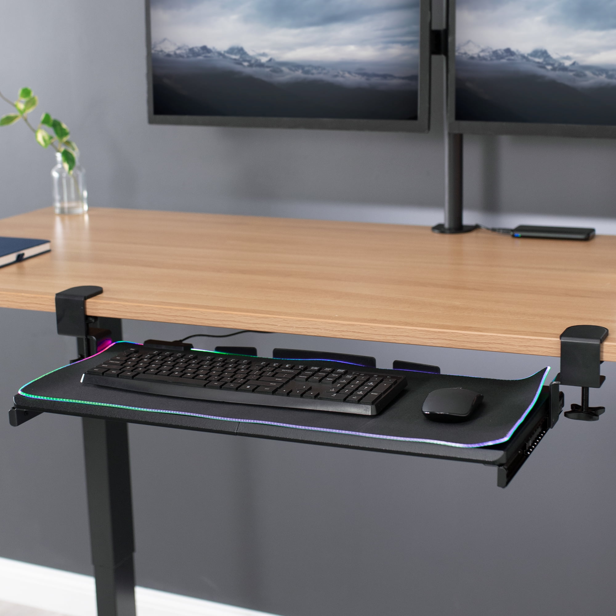 VIVO Clamp-on Computer Keyboard and Mouse Under Desk Slider Tray with RGB Pad