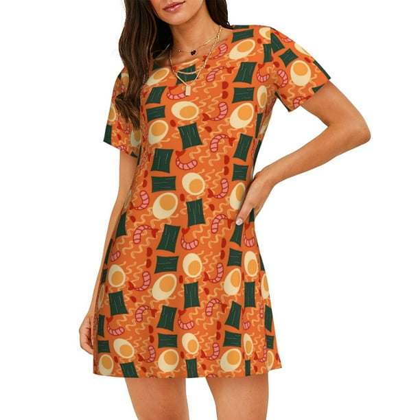 Fotbe Ramen Noodle Soup Bata de Dormir para Mujer con Estampado, Camisón de Algodón de Manga Corta, Ropa de Dormir Casual
