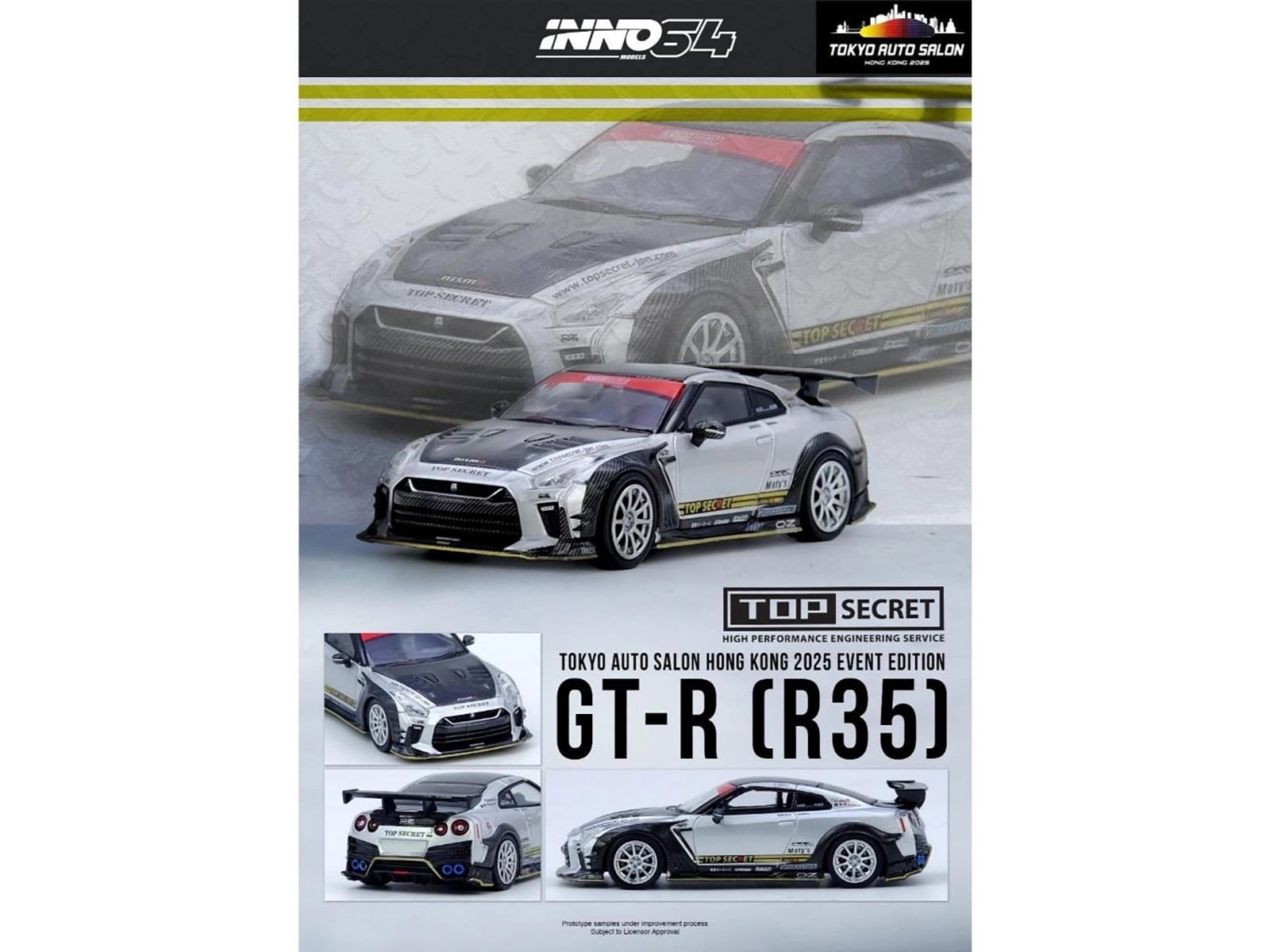 Nissan GT-R (R35) Top Secret RHD (Right Hand Drive) Silver Metallic with Carbon Hood and Top "Tokyo Auto Salon Hong Kong 2025 Event Edition" 1/64 Diecast Model Car by Inno Models