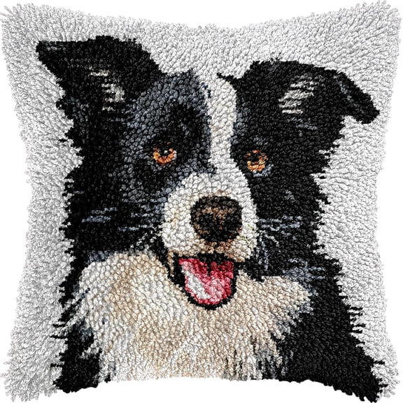 DIY Latch Hook Kits Pillowcase Border Collie Crochet Yarn Pre-Printed Cushion Needlework Pillow Hook and Latch Kit Cushion Home Sofa Decoration 43x43cm