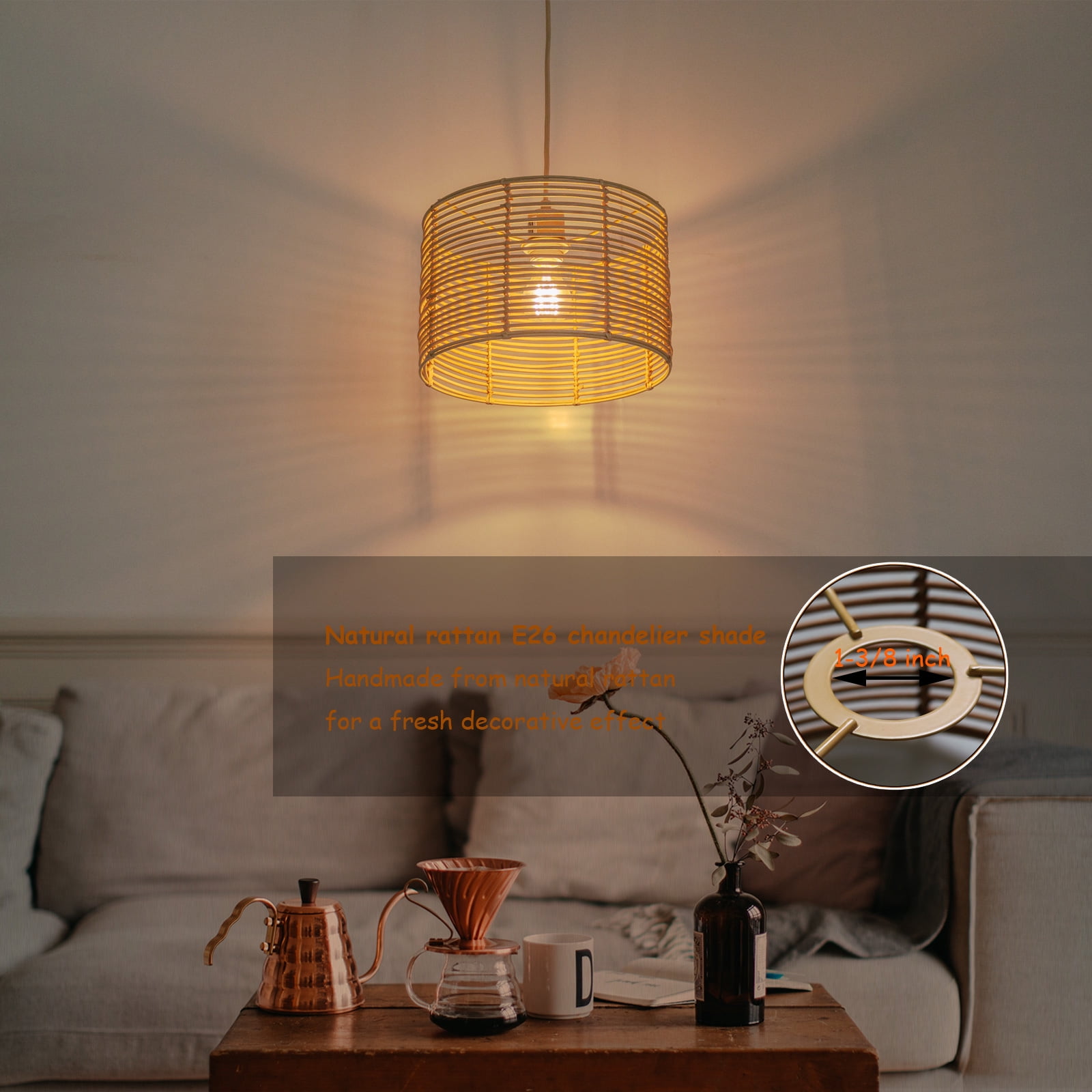 Osasy Rattan Drum lamp shades Woven Boho Rattan Lampshade Chandelier Shades Pendant light Covers E26 E27 Replacement Table Lamp Floor Lamps Lampshades(Dark Brown)