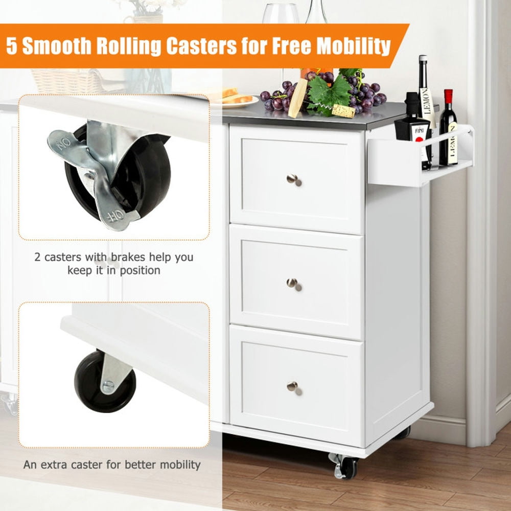 Finihen Rolling Storage Cabinet Cart, Kitchen Island Cart, Kitchen Island 2-Door Storage Cabinet with Drawers and Stainless Steel Top, for Kitchen, Dining Room, White Finihen Rolling Storage Cabinet Cart, Kitchen Island Cart, Kitchen Island 2-Door Storage Cabinet with Drawers and Stainless Steel Top, for Kitchen, Dining Room, White