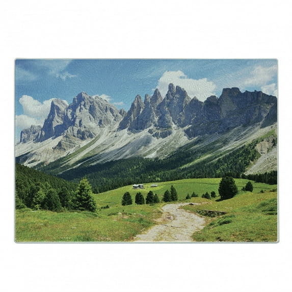 Mountain Cutting Board, Winding Path into the Pine Tree Forest Meadows and Mountain Scenery Print, Decorative Tempered Glass Cutting and Serving Board, Small Size, Green White Blue, by Ambesonne