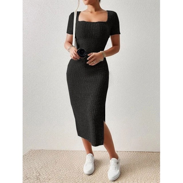 Vestido veraniego de cuello cuadrado, falda de longitud media que se adapta a la cadera, manga corta, abertura de punto versátil