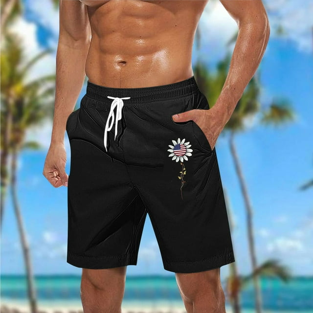 Nuoqisi Independence Day Men's Beach Shorts Drawstring Swimwear Sports Running Swim Board Shorts Bathing Suits with Pockets Summer