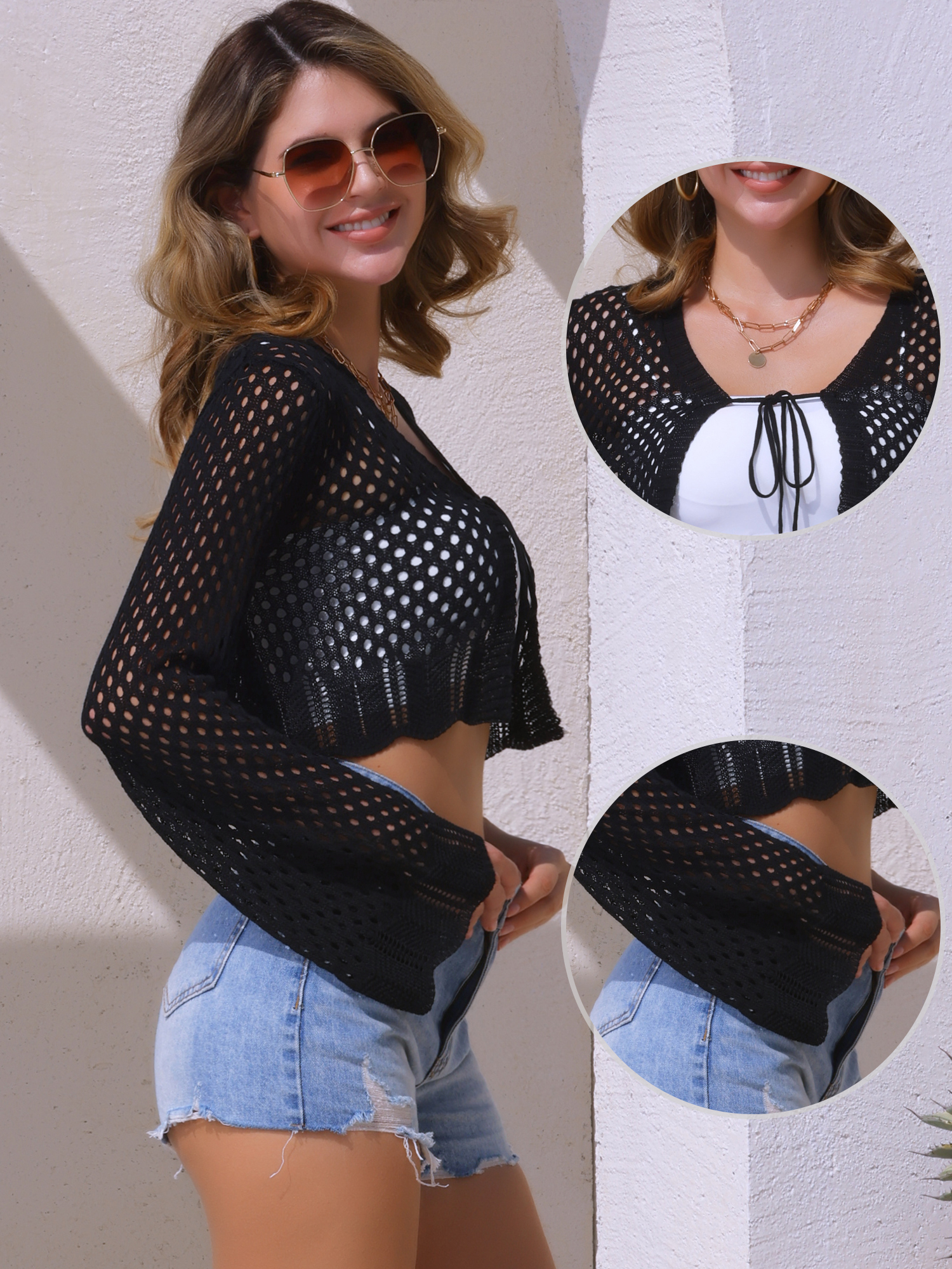 DARING DIVA Crochet Cropped Cardigan Long Sleeve Tie Front Bolero Shrug L Black