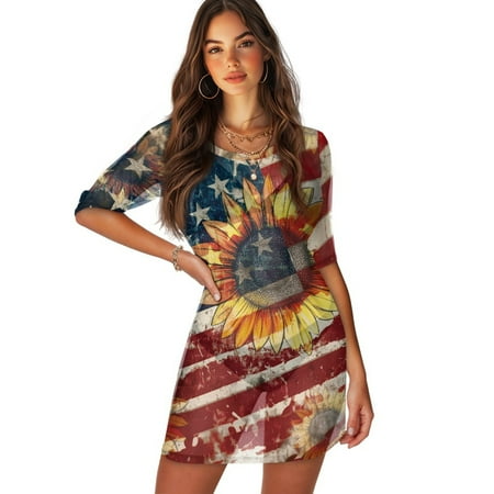 FKELYI Grunge American FLag Sunflower Print Women Cover Ups for Summer Round Neck Cover-Up Breathable Beachwear Flowy Swim Bikini Cover Up Resort Wear for Lady Teen Girls  2XL