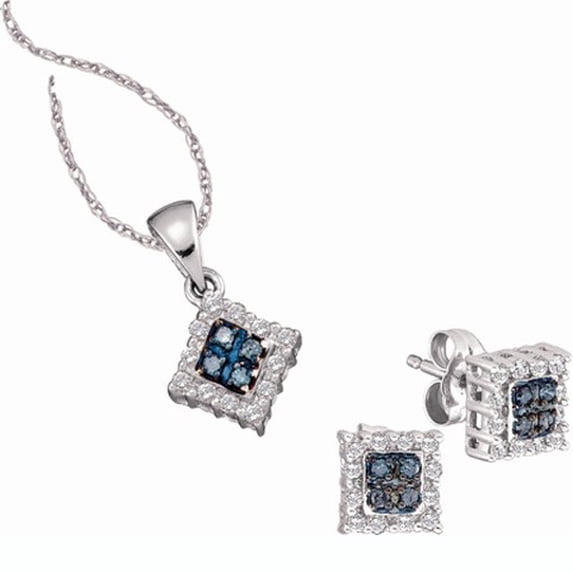 0.37 Carat (ctw) 10K White Gold Round Blue & White Diamond Ladies Stud Earrings & Pendant Set