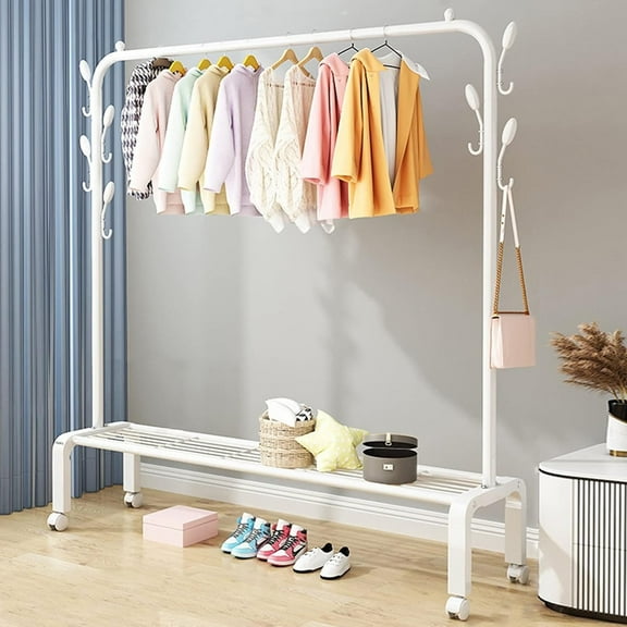 SUSUZI Support à Vêtements à Tige Simple de 51”, Portant à Vêtements Robuste avec Roulettes, Organisateur de Garde-Robe avec 6 Crochets et Rangement Inférieur, Blanc