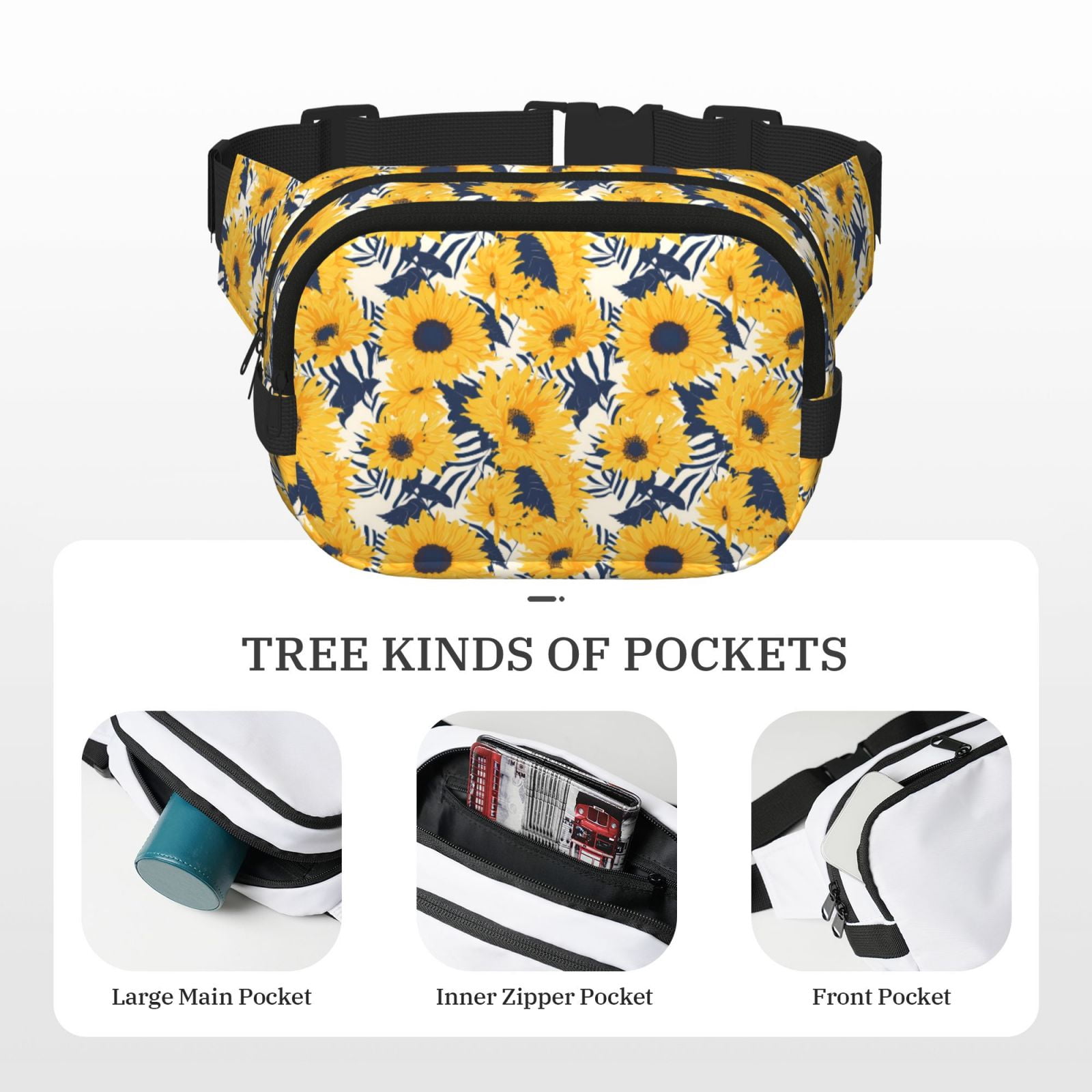 Picia Blue Striped Sunflower Print Square Double-Layer Waist Bag Mini Adjustable Waist Belt Bag Exercise Running Travel Hiking