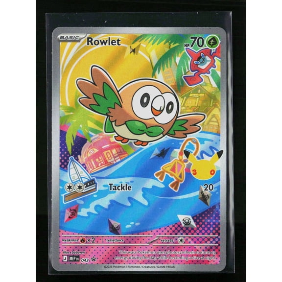 Collectible Lightly Played Excellent Mega Evolution Rowlet Holo Black Star Promo #MEP EN 043 Trading Card