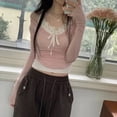 thumbnail image 4 of Y2K Lace Patchwork Contrast Color Cropped Top Pink Korean Style Slim-fit Knitted Tops Coquette Aesthetic Long Sleeve Tops, 4 of 6